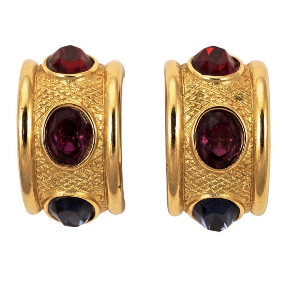 Givenchy Gold Plated Blue Purple Red Rhinestone Half Hoop Clip On Earrings - Picture 1 of 11